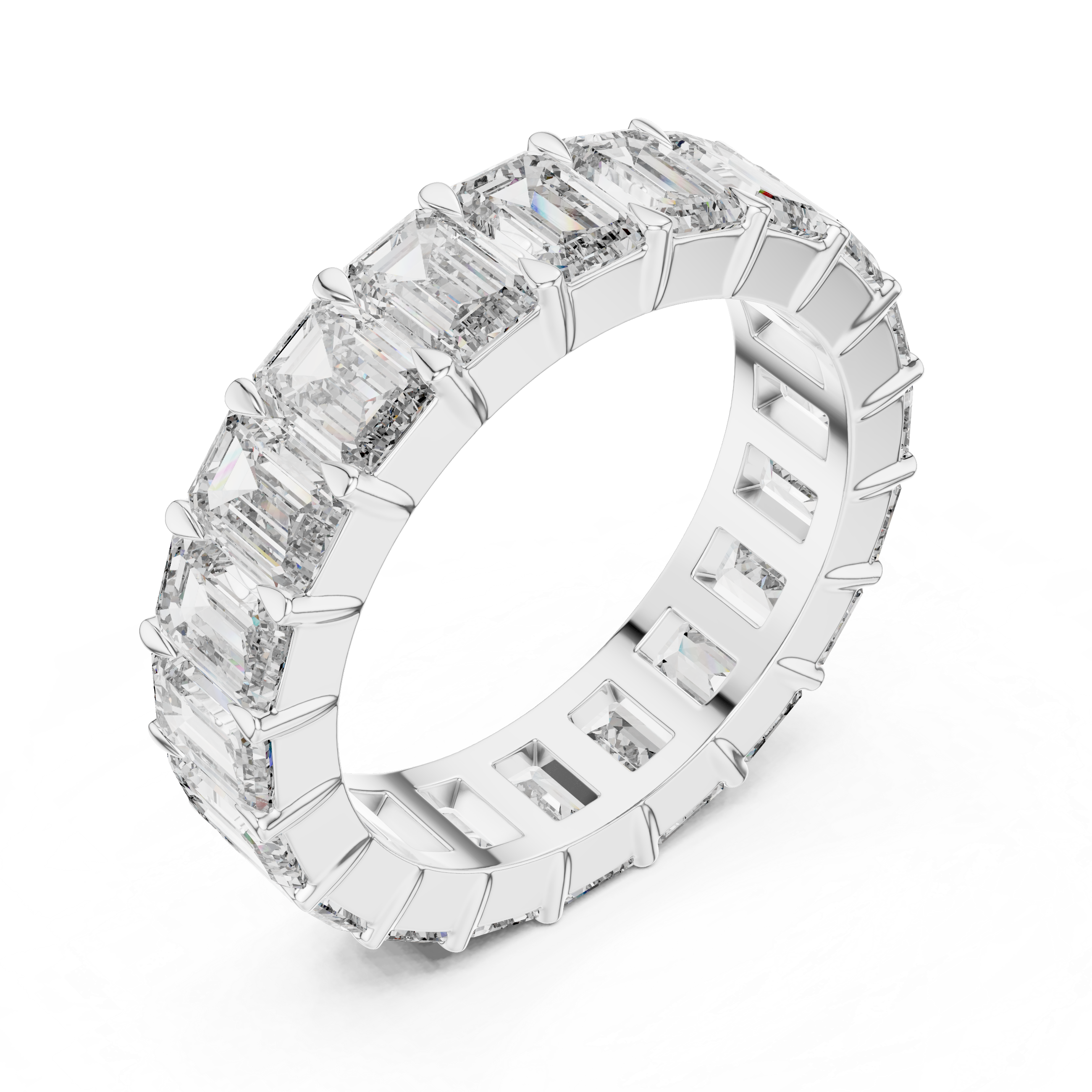 Diamond ring with baguette and round cut stones on a white background